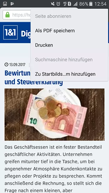 Menü mit dem Befehl „Als PDF speichern“ zum Herunterladen der Druckansicht der aufgerufenen Webseite