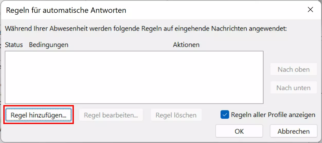 Fenster, um Regeln für automatisches Antworten in Outlook festzulegen