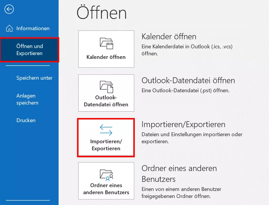 Outlook-Assistenten für den Datenimport mit „Importieren/Exportieren“ starten