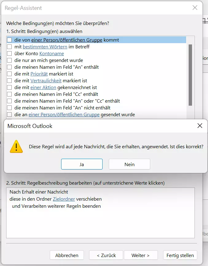 Outlook 365: Der Regel-Assistent – Bedingungen für Posteingangsregeln bestätigen