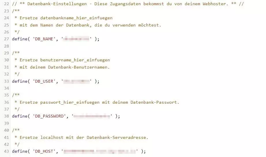 Datenbank-Konfiguration in der wp-config.php