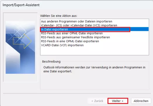 Import/Export-Assistent von Outlook: Aktionsauswahl