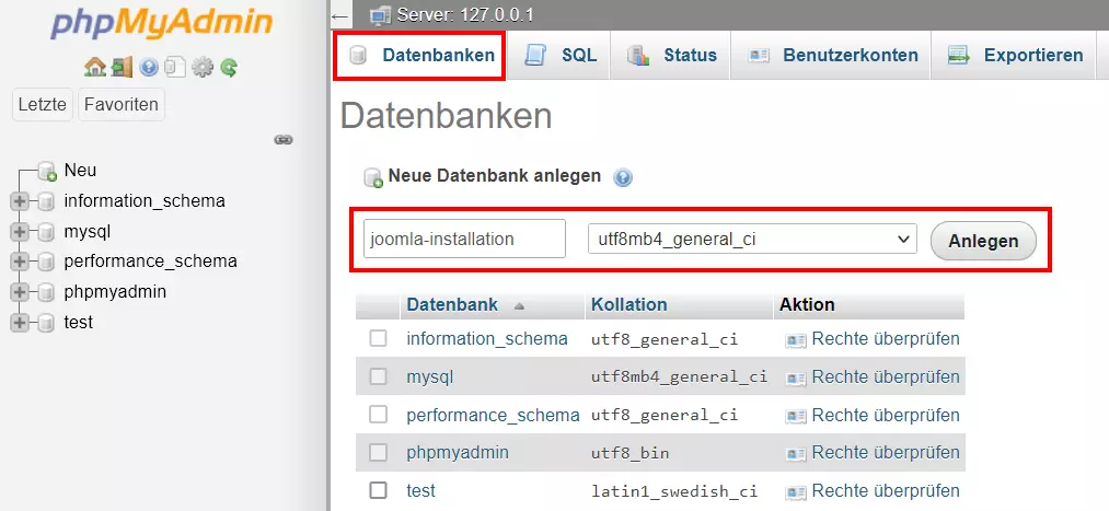 phpMyAdmin: Anlegen einer neuen Datenbank