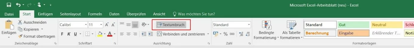 Registerkarte „Start“ in Excel 2016