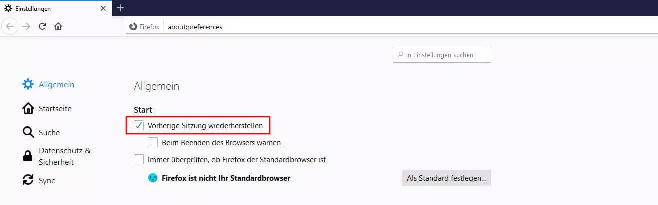 Firefox: Letzte Sitzung wiederherstellen nach dem Start