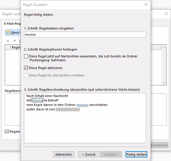 Outlook Regel-Assistent: Benennung und Regeloptionen