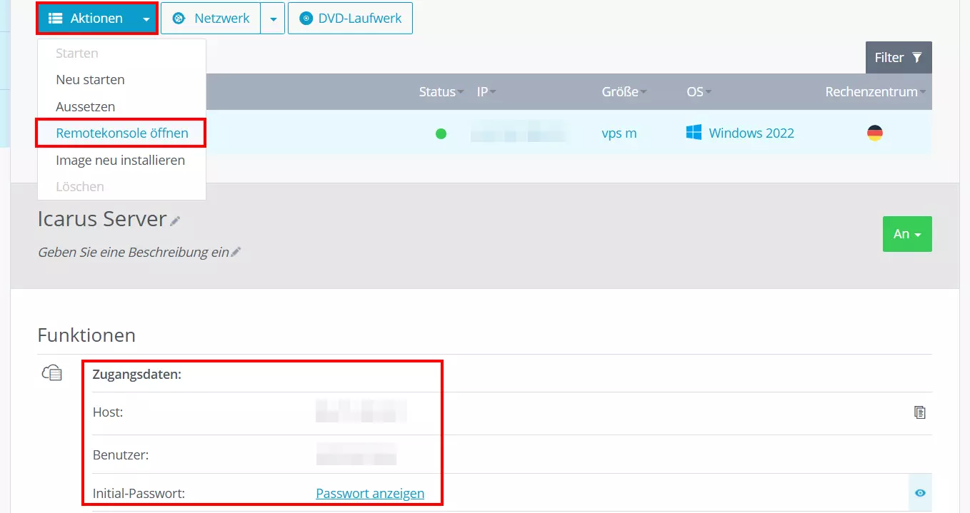 IONOS Cloud Panel: Remotekonsole öffnen