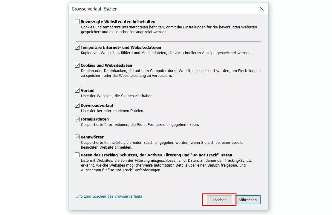 Internet Explorer: „Browserverlauf löschen“-Dialog