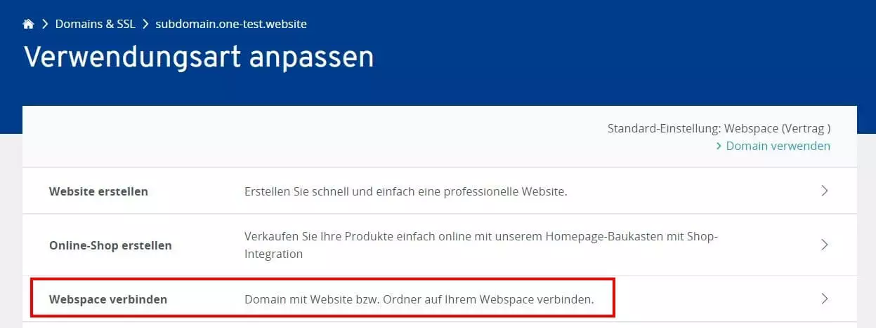 Subdomain mit Webspace verbinden im IONOS Cloud Panel