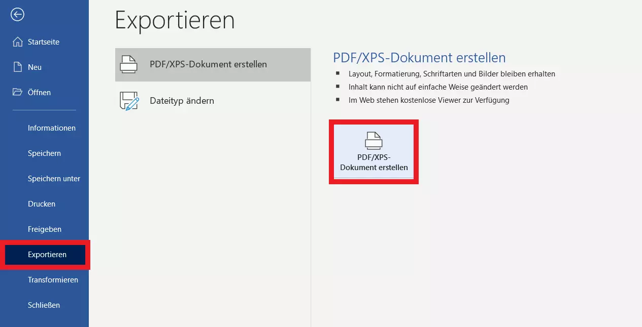 Eine Textdatei in Word durch Exportieren als PDF speichern