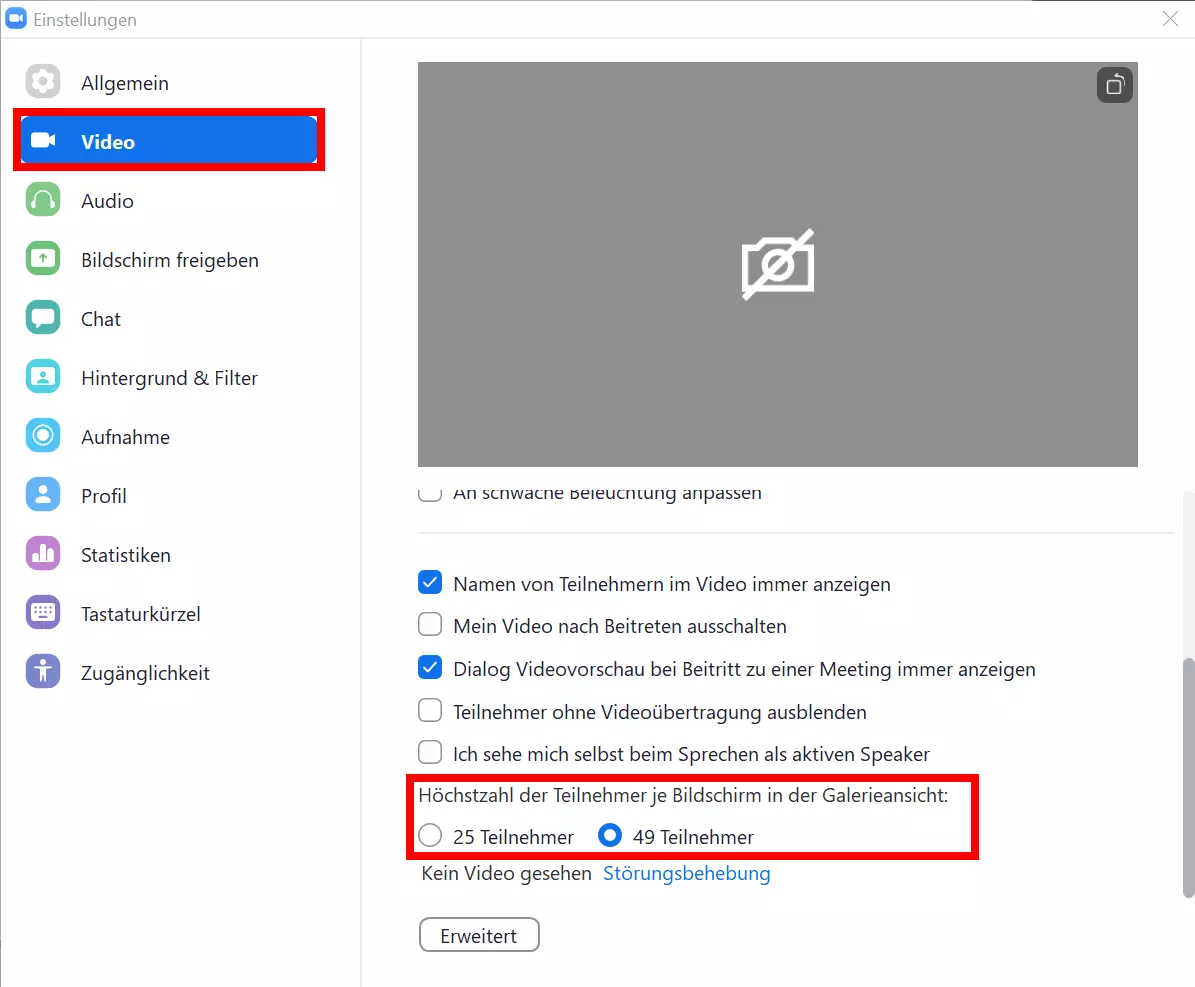 Video-Einstellungen zum Anpassen der Galerieansicht in Zoom