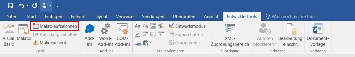 Word 2016: Reiter „Entwicklertools“