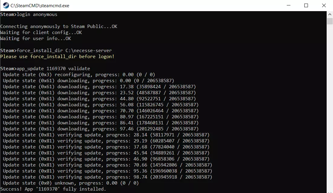 SteamCMD: Installation der App „Necesse Dedicated Server“